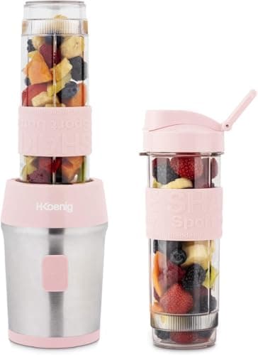 H.Koenig Mini frullatore SMOO12 Smoothie Maker, 570mL, 300W, 4 lame in acciaio inox, senza BPA, 2 bottiglie portatili da viaggio, frullati e frappé, rosa pastello