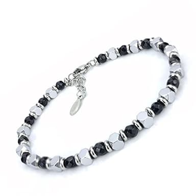 SAGA GIOIELLI® Bracciale Uomo Donna Pietre Dure Onice Nero Vari Colori Quadrello Acciaio (NERO)