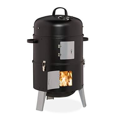 Relaxdays Affumicatore Verticale 3in1, Grigliare, Affumicare & Cuocere, Termometro & Cappa, Barbecue Smoker,∅ 40 cm,Nero