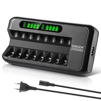 ENEGON Caricabatterie Rapido Intelligente per Batterie Ricaricabili AA AAA Ni-MH Ni-CD con Display LCD, 8 Slot Indipendenti, Protezione e Alimentatore 100-240V