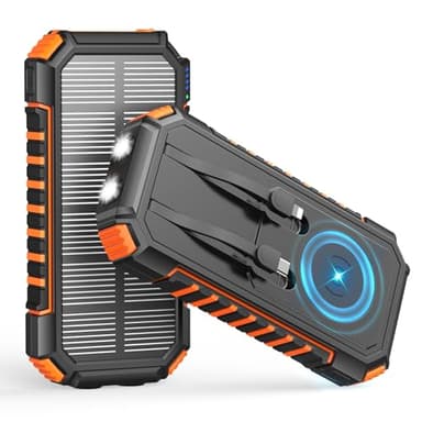 Fandealo Caricabatterie Solare Power Bank 27000mAh - 22,5W Caricatore Portatile Senza Fili, PD QC3.0 USB C Ricarica Rapida Batteria Esterna con 2 Cavi Incorporati e Luci LED per Telefono e Tablet