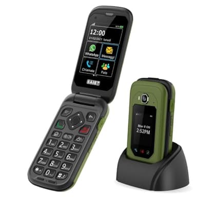 SAIET LINK 4 PRO Telefono Flip Verde-Nero, IP68 Impermeabile con Doppio Display, Audio Potenziato e Tasti Grandi - Cellulare con Whatsapp con Batteria a Lunga Durata, Antiurto e Antipolvere