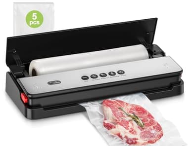 Bonsenkitchen Macchina Sottovuoto per Alimenti, Tagliapasta Incorporato e Rotoli per Sacchetti Sottovuoto e Starter Kit, Dispositivo di Aspirazione Esterno, Nero