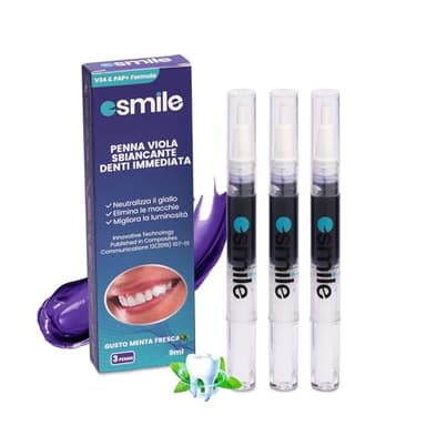 Esmile Set di 3 Penne Gel Sbiancanti Viola, 2 ml con Pennello, Sbiancamento Denti Istantaneo e Facile Applicazione
