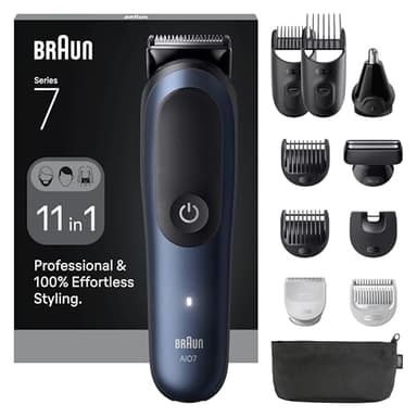 Braun Trimmer All-in-One Series 7, Kit 11-in-1, Lama ProBlade, Tecnologia AutoSense, 120 Min Di Autonomia, Protezione SkinGuard, Barba Sfumata, Manico AquaGrip Pratico Subacqueo, AIO7540, Blu