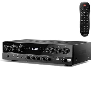 Donner Amplificatore, Amplificatore Hifi a 6 canali con potenza massima di 1000 W con Bluetooth 5.3, USB, FM, 2 ingressi microfono, eco, RCA, ingresso fibra/coassiale per casa, karaoke, MAMP6