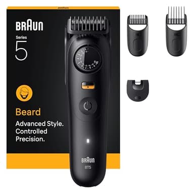 Braun Trimmer Barba Series 5, + 4 strumenti per creare il suo stile, lama ultra affilata, 120 min di autonomia, 40 lunghezze, impermeabile, rotella di precisione e bloccaggio, BT5520, nero