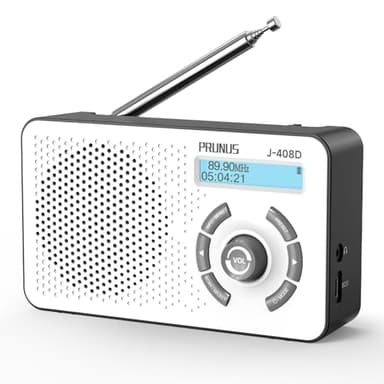 PRUNUS J-408 DAB Radio Portatile Ricaricabile, Radio Digitale Bluetooth, Mini Radiolina Portatile FM Supporta Batterie Sostituibili (AAA) con Jack, Doppia Sveglia per Camminare, Pescare (Bianco)
