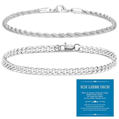 Meemion Bracciali in acciaio inossidabile, 2 pezzi argento per uomo, bracciale cubano 21 cm. Regalo per papà, figli, fratelli, mariti, con scatola e biglietto di auguri