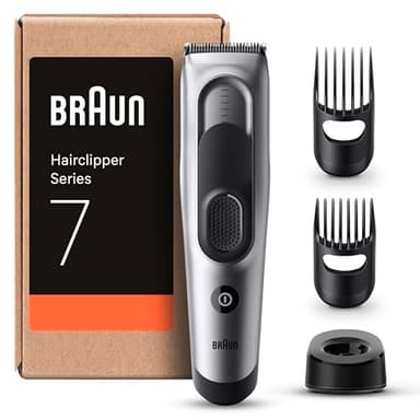 Braun Series 7 TAGLIACAPELLI UOMO, Macchinetta per Capelli, Memoria Safetylock, Lame Ultra Affilate, 2 Pettini, 17 Impostazioni Lunghezza, Ottimo per Viso e BARBA, Idea Regalo, HC7390 Grigio
