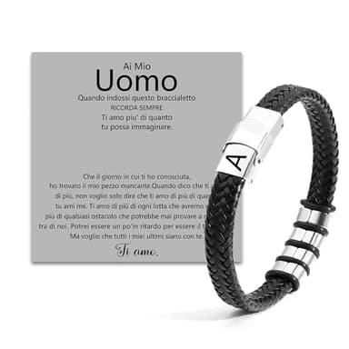 SAMINO Cuoio Nero 26 Bracciale Iniziale Per Il Mio Uomo Acciaio Inossidabile A-Z Lettera Charm Bracciale Intrecciato Per I Regali A Lui (A)