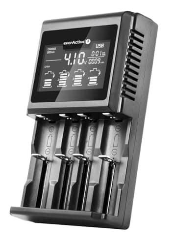 EverActive 18650 - Caricatore per 4 batterie AAA, AA, C e D, professionale e veloce, grande display LCD, test di capacità, modello: UC-4000