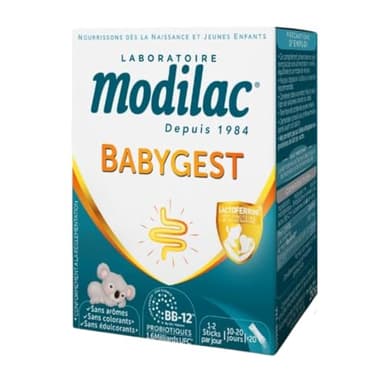 Modilac - Babygest, Integratore alimentare per neonati - Compatibile con latte infantile e latte materno - Probiotico e lattoferrina* - Dalla nascita - 20 bastoncini di polvere da diluire