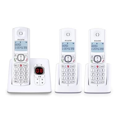 ALCATEL F530 Voice Trio - Telefono fisso cordless DECT con segreteria - Grande display - Vivavoce - Funzione blocco chiamate - 2 tasti di memoria diretta - 3 portatili - Bianco/Grigio
