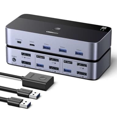 UGREEN Switch KVM DisplayPort 2 Ingressi 2 Uscite 8K 60Hz 4K 240Hz Doppio Schermo Commutatore KVM con 4 Porte USB 3A1C 5Gbps per Tastiera, Mouse, Disco Rigido, Controller da Ufficio, Cavi USB Inclusi