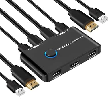 KVM Switch 4K@60Hz 2 porte, Commutatore HDMI USB per 1 monitor 2 PCs, condivisione di mouse, tastiera, Ultra HD, inclusi 2 cavi HDMI e 2 cavi USB