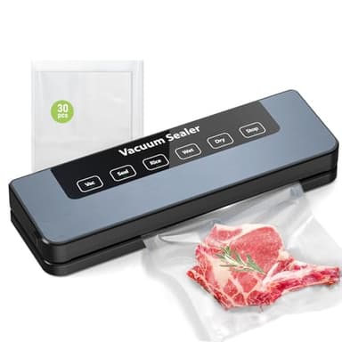 Vexloria Macchina Sottovuoto 65Kpa, 5 in 1 Sistema di Conservazione Cibo | Modalità Secco e Umido | 30 Sacchetti Inclusi | Vakuumiera Professionale per Alimenti, Nero