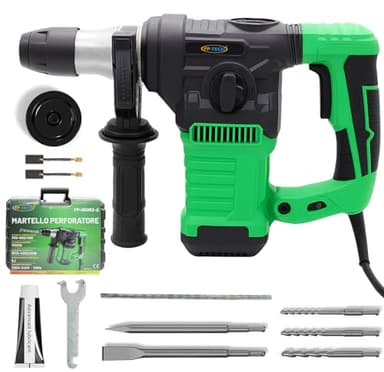 FP-TECH Martello Perforatore Demolitore 1500W 6J SDS Plus | 4 Funzioni, 6 Velocità Variabili, Anti-Vibrazione, Frizione di Sicurezza, Foratura e Scalpello con Valigetta