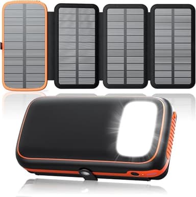 Caricatore Solare Power Bank 27000mAh – FEELLE Caricabatterie Solare con 3 Uscite USB, 3A Ricarica Rapida, Torcia Integrata Super Luminosa e 4 Pannelli Solari Pieghevoli per Smartphone Tablet