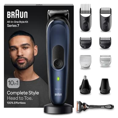 Braun REGOLABARBA STYLING KIT, Tagliacapelli Uomo, Rasoio Elettrico Barba e Capelli, 10-in-1 per Barba, Capelli, Corpo, Naso e Orecchie, 100 Minuti Di Utilizzo, Idea Regalo, MGK7410 Blue