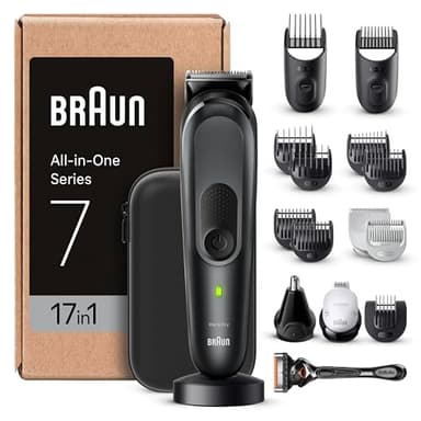 Braun Regolabarba Tagliacapelli Uomo, Rasoio Elettrico Barba e Capelli, 17-in-1 Styling Kit Per Barba, Capelli, Corpo, Naso e Orecchie, 100 Minuti Di Utilizzo, MGK7491 Nero