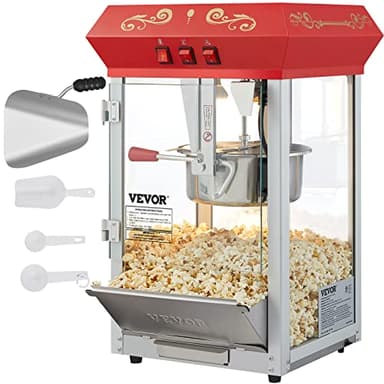 VEVOR Macchina per popcorn commerciale, bollitore da 850 W, per 48 tazze per lotto, stile teatro, con struttura in acciaio e porte in vetro temperato, 1 misurino, 2 cucchiai, rosso