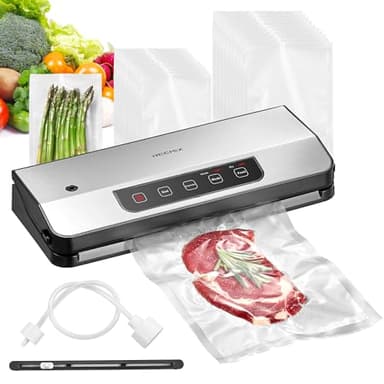 Macchina Sottovuoto, Reemix 8-in-1 Macchina Sottovuoto per Alimenti con Potente Aspirazione 65 KPA, Sottovuoto con Lama Integrata, 20 Sacchetti & Tubo Accessorio, Luci LED, Facile da Pulire