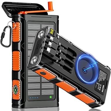 Power Bank Solare 26800mAh, Powerbank Wireless con Carica Solare, Manovella e 4 Cavi, Power Bank USB-C Ricarica Rapida 7 Uscite e 5 Ingressi per Telefono, Batteria Esterna Impermeabile per Campeggio