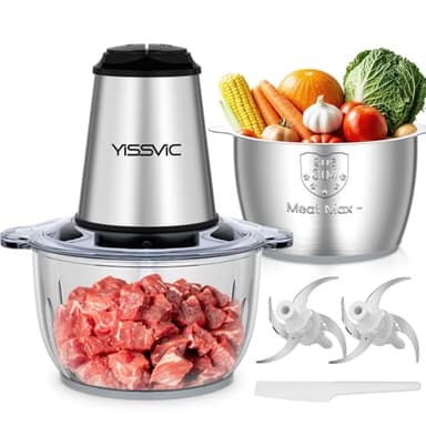 YISSVIC Tritatutto da Cucina Elettrico 2L,500W,Doppia Ciotola Vetro e Acciaio Inox,2 Velocità, 2×4 Lame, Anello Antiscivolo, Lavabile in Lavastoviglie, per Frutta Verdura Carne Spezie